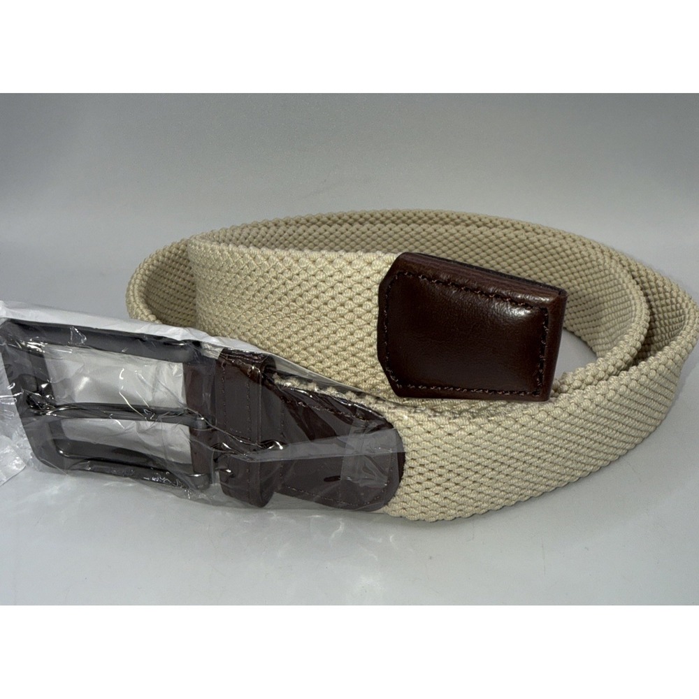 Bobby Jones Men's Braided Fabric Stretch‎ Belt w/ Brass Buckle - Cream-Size 44